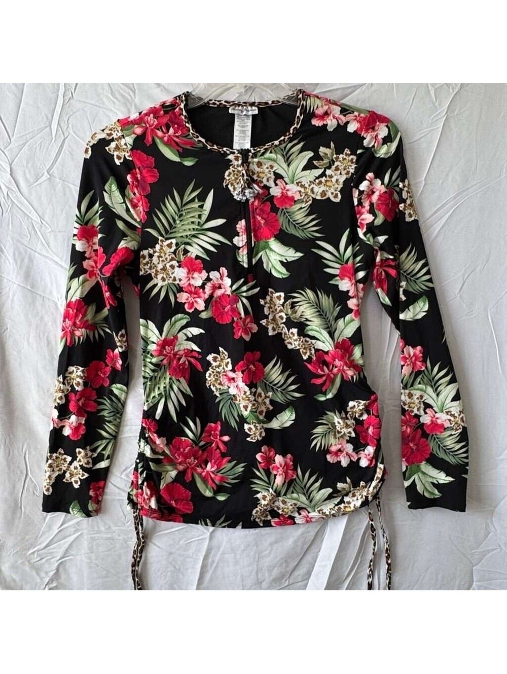 Tommy Bahama Swim Top Womens S/P Small Black Red Hibiscus Tropical